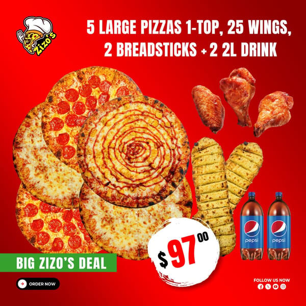 Five pizzas, chicken wings, breadsticks, and two Pepsi bottles on a red background.