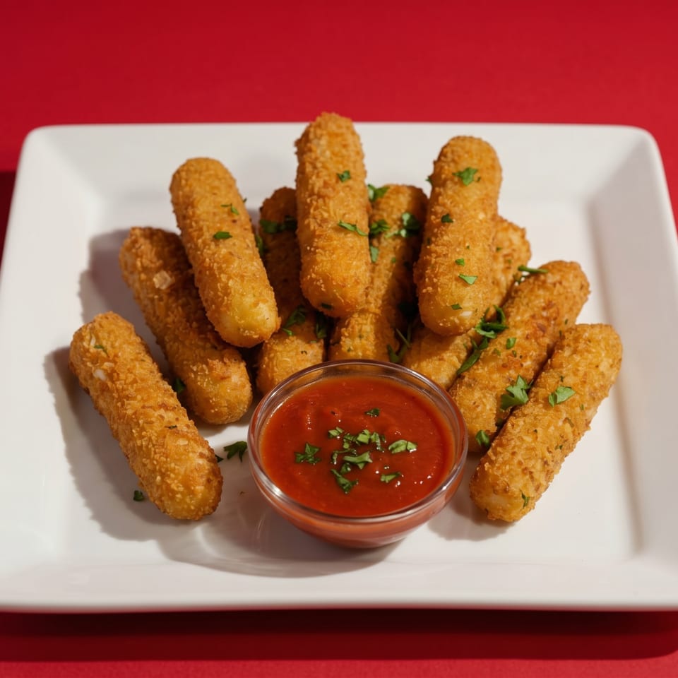 Golden-brown mozzarella sticks with parsley flakes, served with a side of marinara sauce on a white plate.