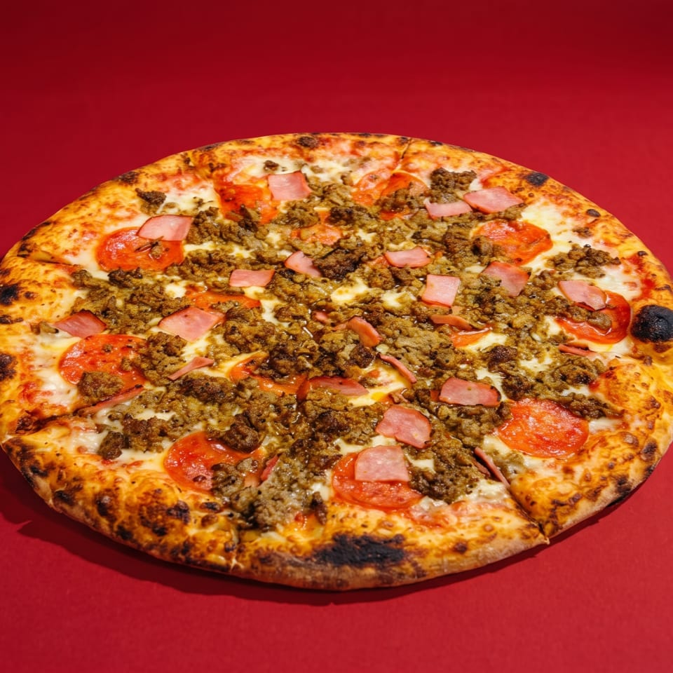 A whole meat lover's pizza with pepperoni, sausage, and ham on a red background.