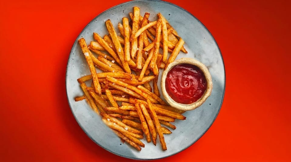 Crispy golden french fries with sea salt and a side of ketchup on a gray plate.