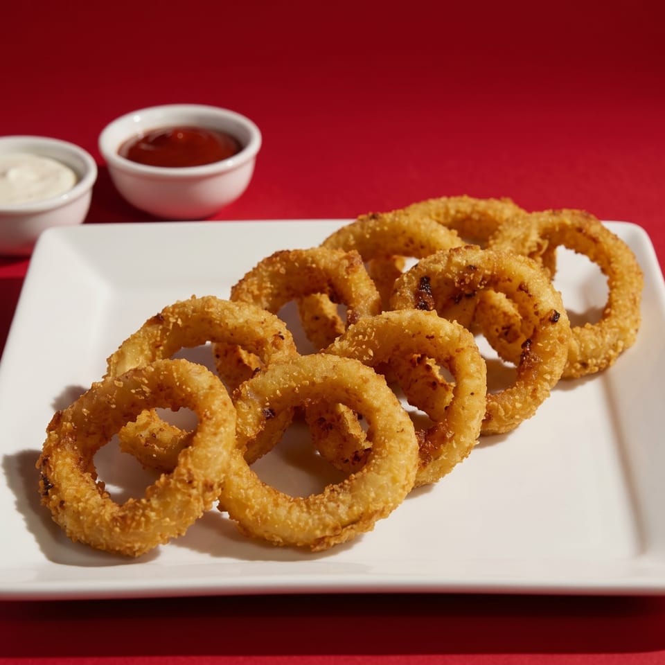 Golden-brown onion rings on a white rectangular plate with two dipping sauces on a red background.