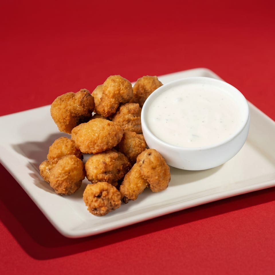 Golden-brown fried mushrooms on a white rectangular plate with a side of creamy ranch dip.