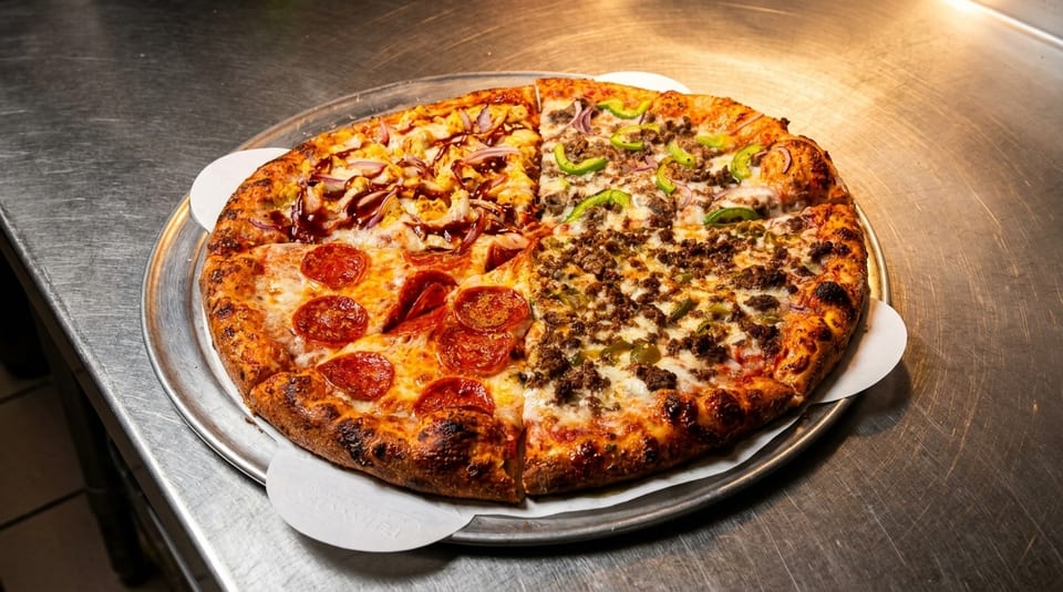 A large pizza with four different toppings: pepperoni, BBQ chicken, ground beef, and green peppers.