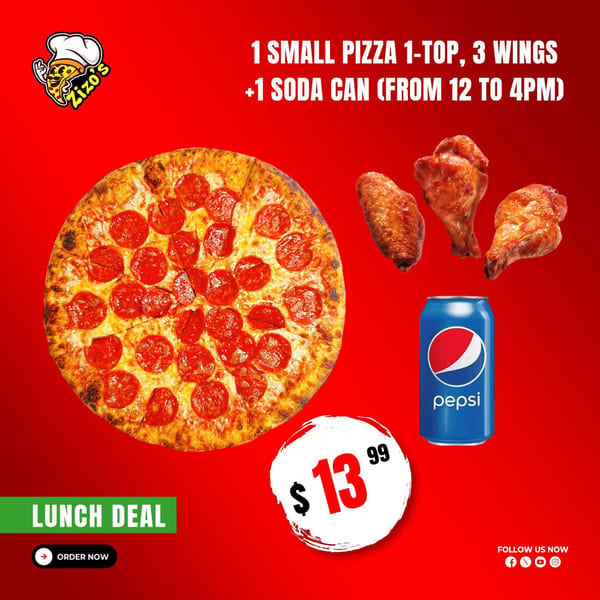 Zizo's pepperoni pizza, three chicken wings, and a Pepsi can on a red background.