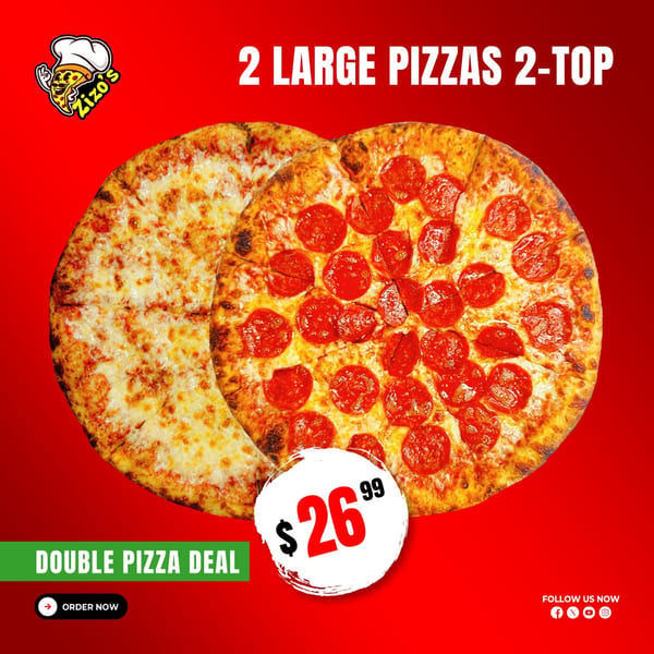 Two large pizzas, one cheese and one pepperoni, on a red background advertising a deal.
