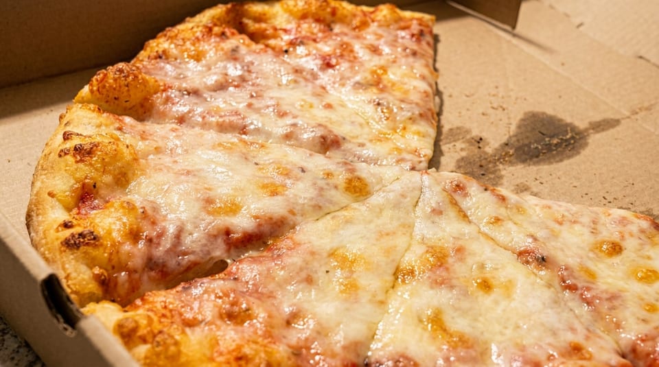 Three slices of cheesy pizza with golden crust in a cardboard delivery box.