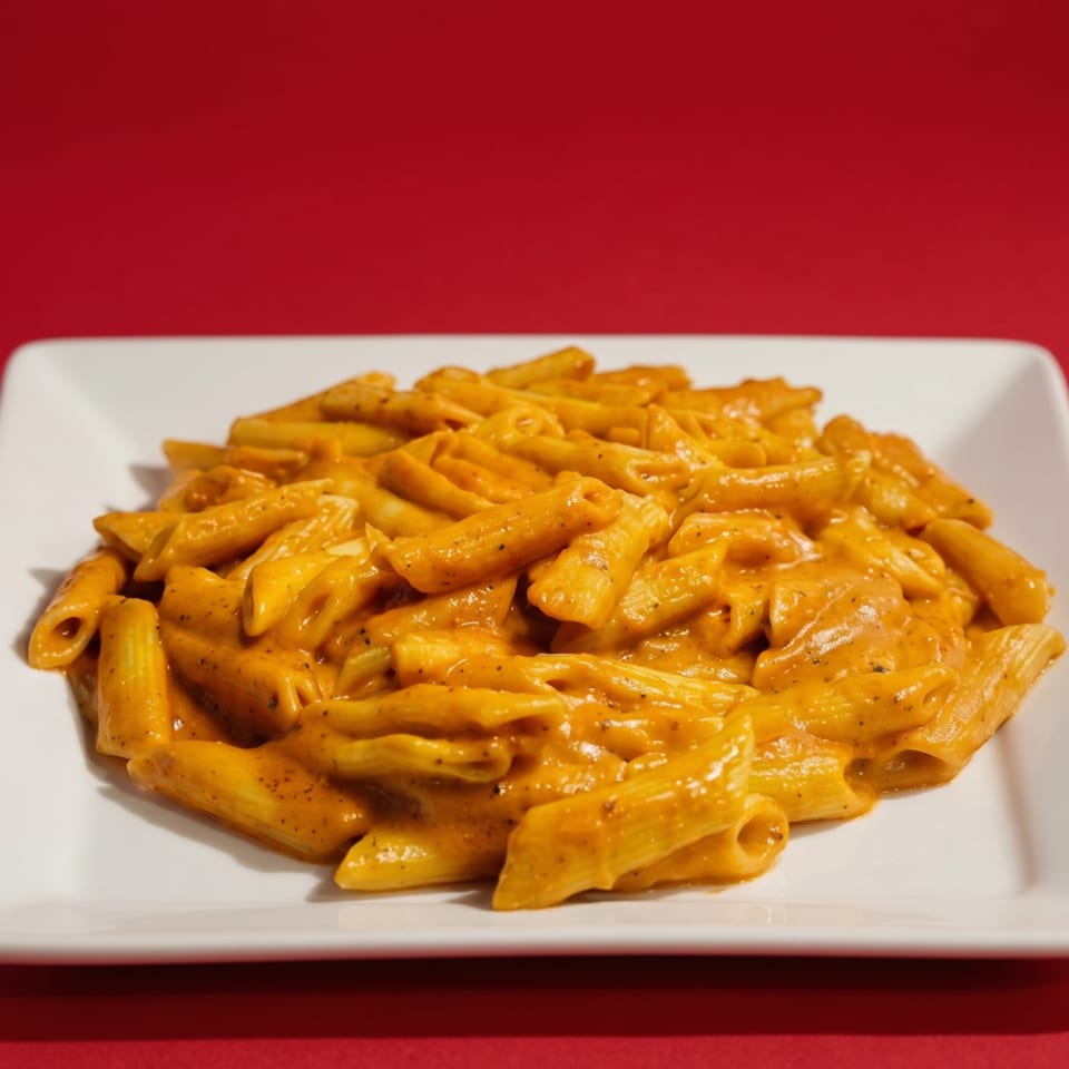 Penne pasta coated in a creamy orange sauce, served on a white rectangular plate against a red background.