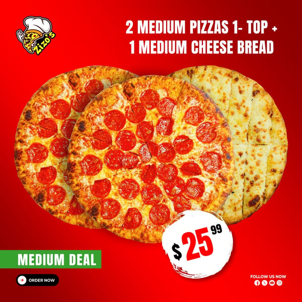 Two pepperoni pizzas and one cheese bread, part of a Zizo's medium deal for $25.99.