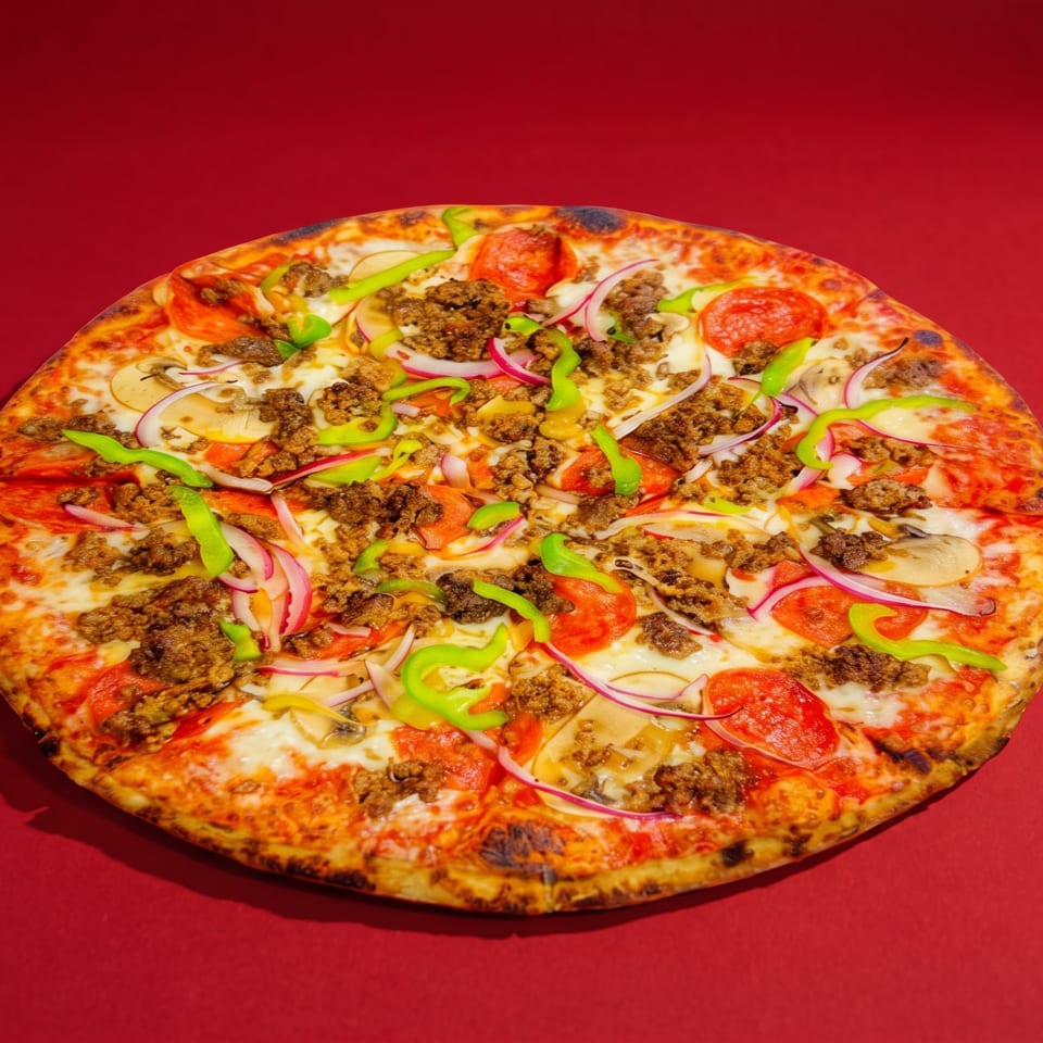 A whole pizza with pepperoni, ground meat, green peppers, red onions, and mushrooms on a red background.