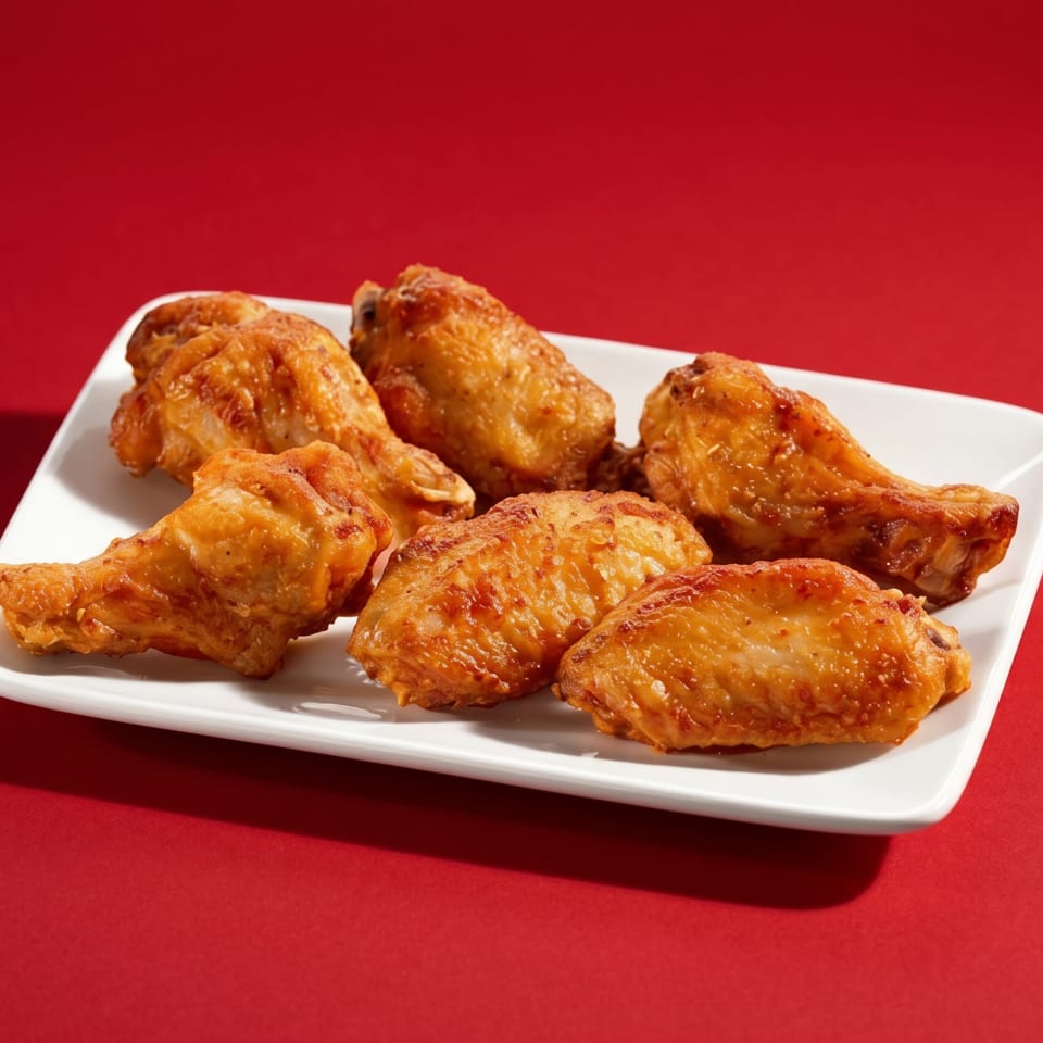 Six golden-brown fried chicken wings are arranged on a white rectangular plate against a red background.