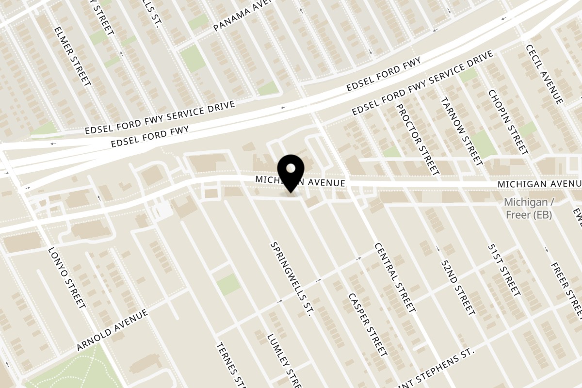 Map showing the location of Zizo's Pizza on 7801 Michigan Ave in Detroit